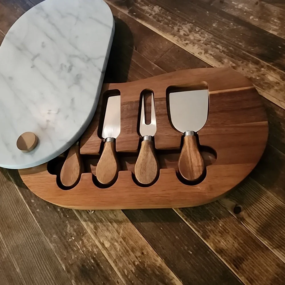 Our Table Wood Marble Cheese Cutting Charcuterie Board Knife Set
